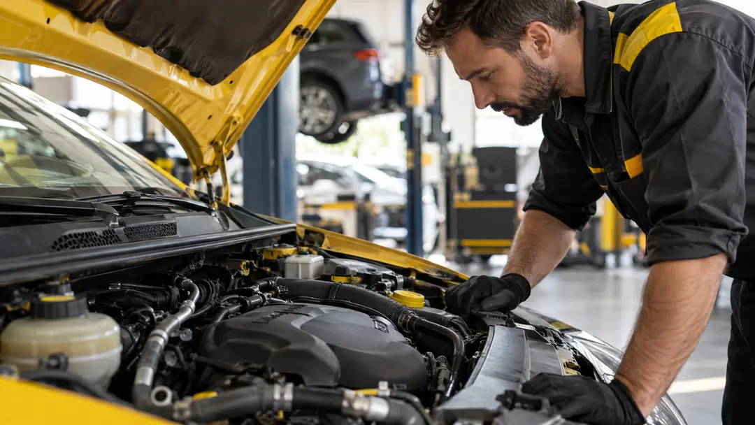 Motor de carro francês aberto com componentes visíveis em oficina mecânica